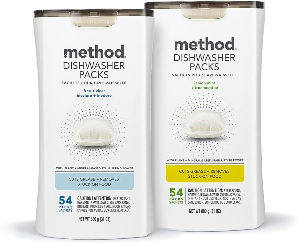 image:imageMethod Dishwasher Detergent Packs Lemon Mint Dishwashing Rinse Aid to Lift Tough Grease and Stains 30 Dishwasher Tabs per Package Pack of 4