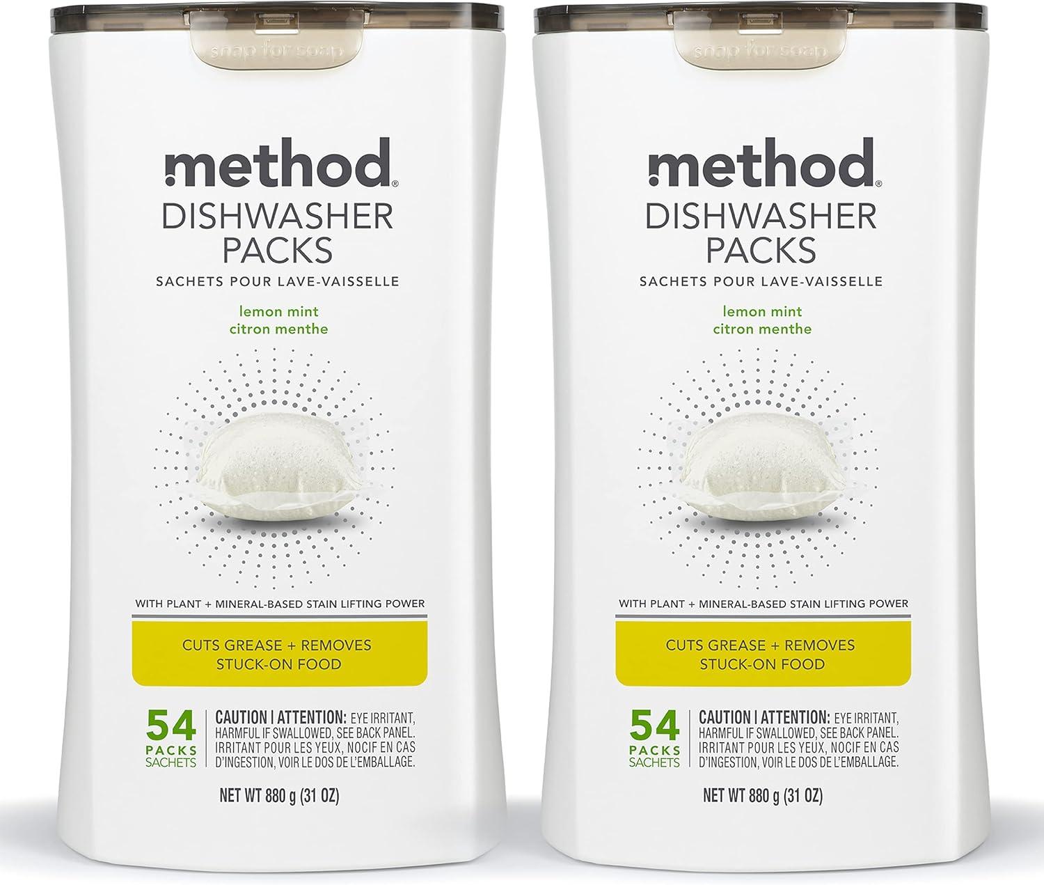 image:imageMethod Dishwasher Detergent Packs Lemon Mint Dishwashing Rinse Aid to Lift Tough Grease and Stains 54 Dishwasher Tabs per Package Pack of 2Lemon Mint