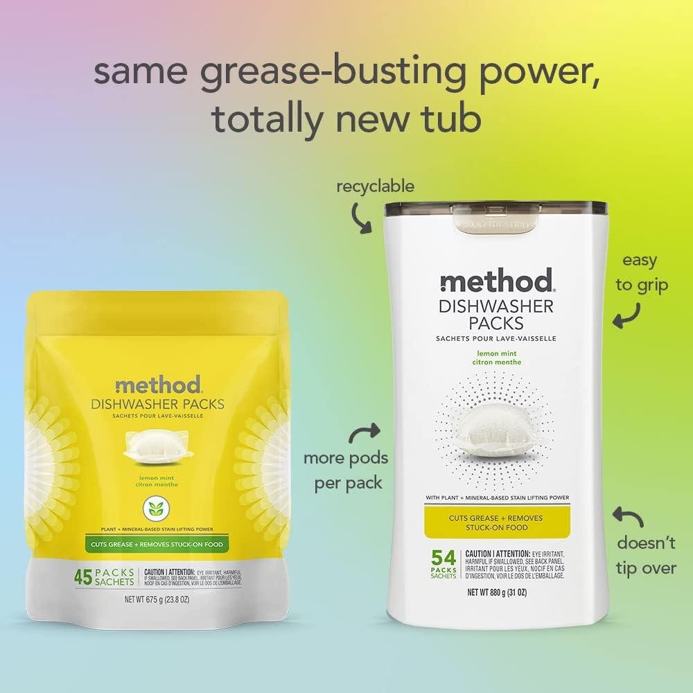 image:imageMethod Dishwasher Detergent Packs Lemon Mint Dishwashing Rinse Aid to Lift Tough Grease and Stains 54 Dishwasher Tabs per Package Pack of 2Lemon Mint