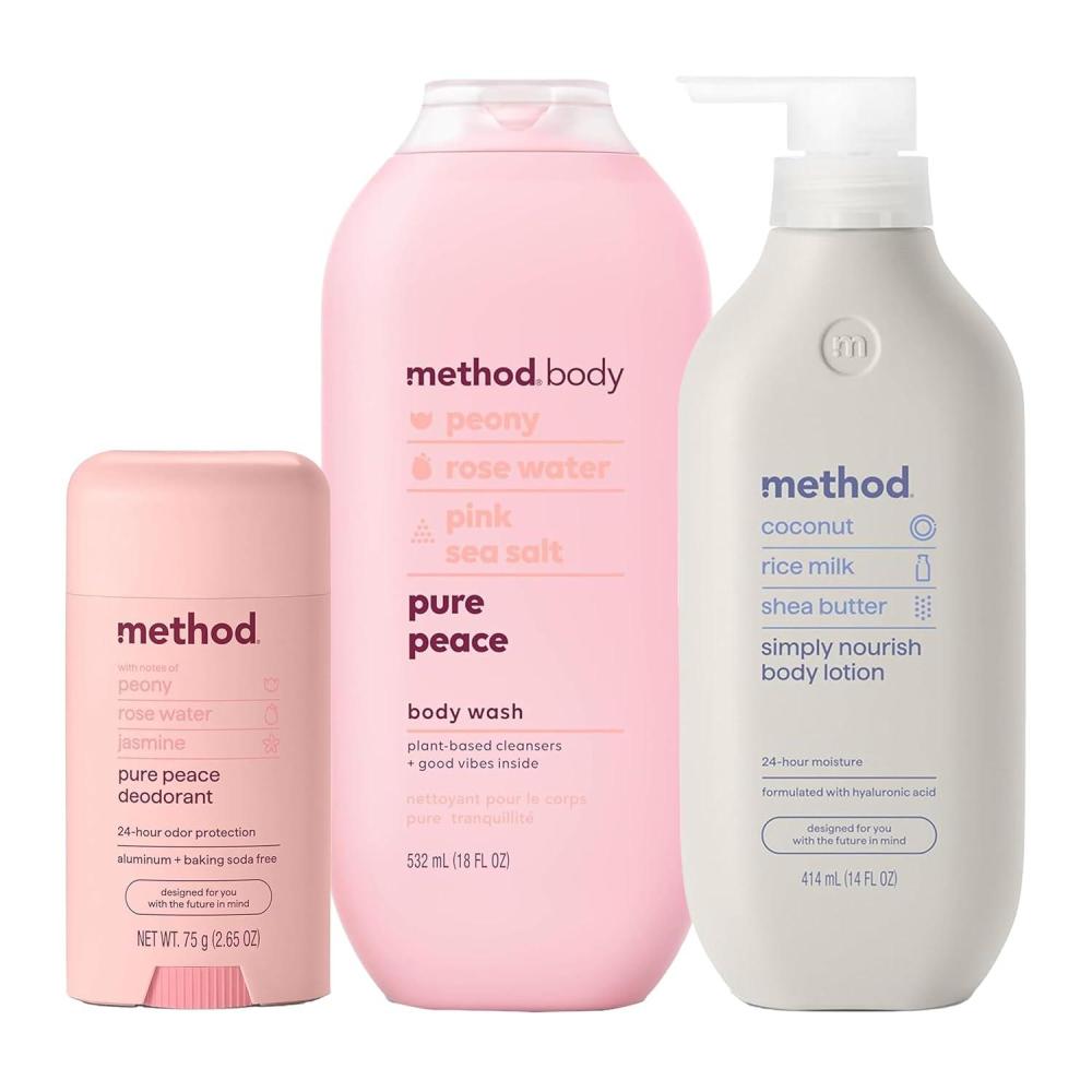 image:imageBundle of Method Pure Peace Body Wash 18 oz Pack of 1 Method Pure Peace Deodorant 265 oz Pack of 1 Method Simply Nourish Body Lotion 14 oz Pack of 1