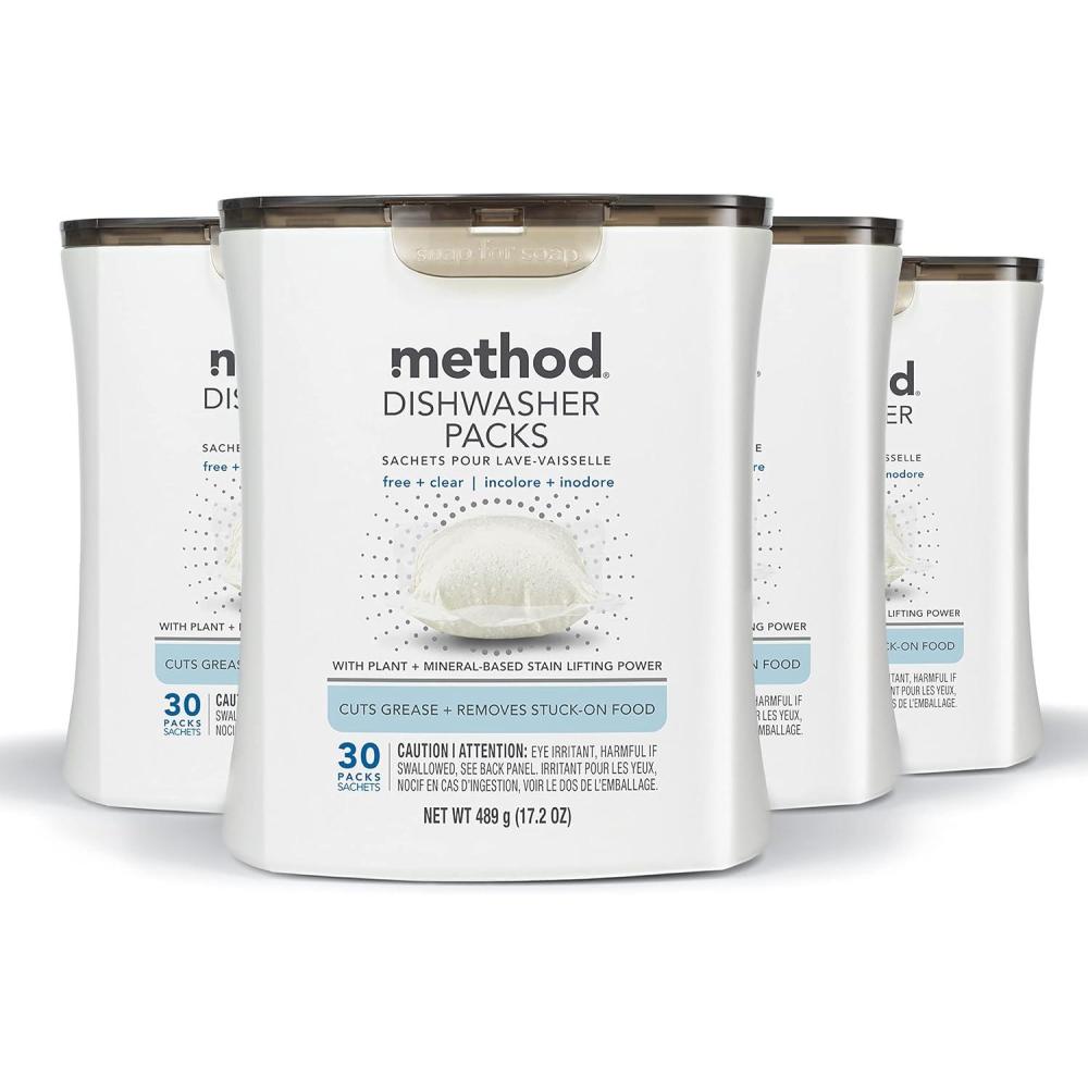 image:imageMethod Dishwasher Detergent Packs Fragrance Free Clear Dishwashing Rinse Aid to Lift Tough Grease and Stains 30 Dishwasher Tabs per Package Pack of 4