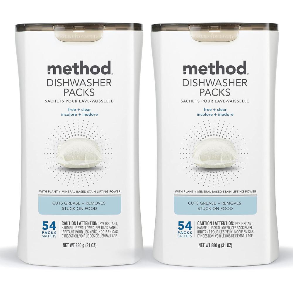 image:imageMethod Dishwasher Detergent Packs Fragrance Free Clear Dishwashing Rinse Aid to Lift Tough Grease and Stains 54 Dishwasher Tabs per Package Pack of 2Unscented