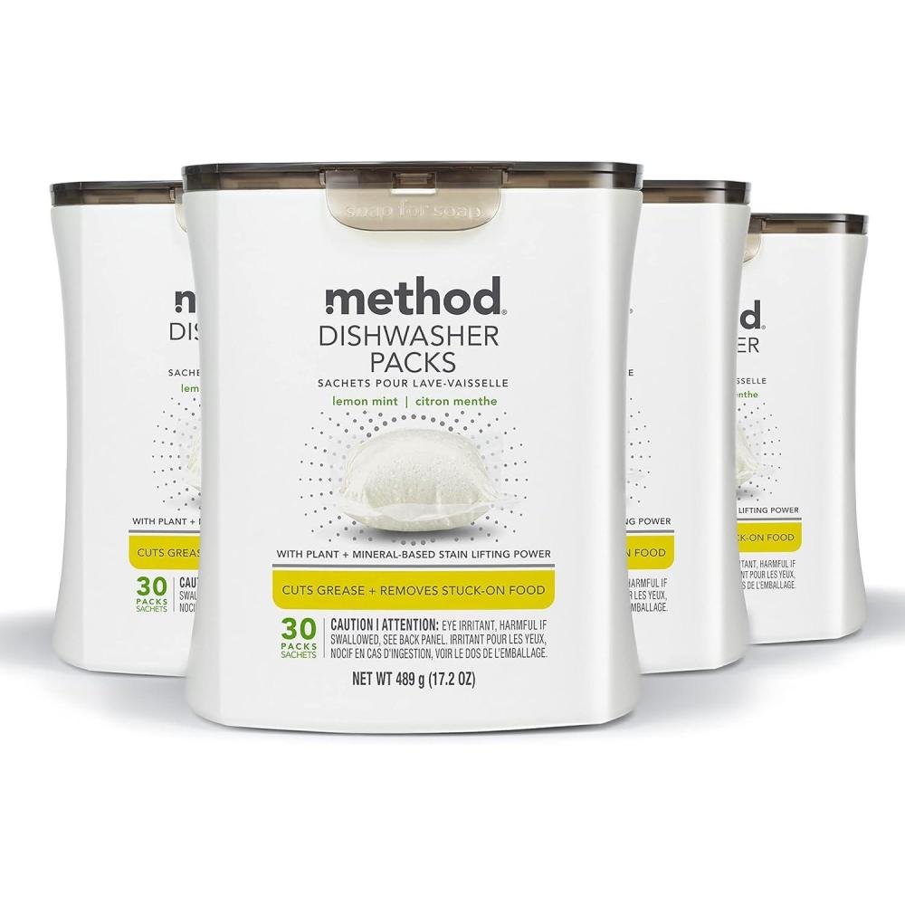 image:imageMethod Dishwasher Detergent Packs Lemon Mint Dishwashing Rinse Aid to Lift Tough Grease and Stains 30 Dishwasher Tabs per Package Pack of 4