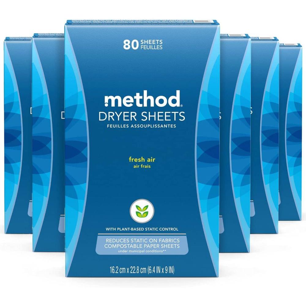 image:imageMethod Dryer Sheets Fresh Air Fabric Softener and Static Reducer Compostable and Laundry Essentials 80 Count Pack of 6