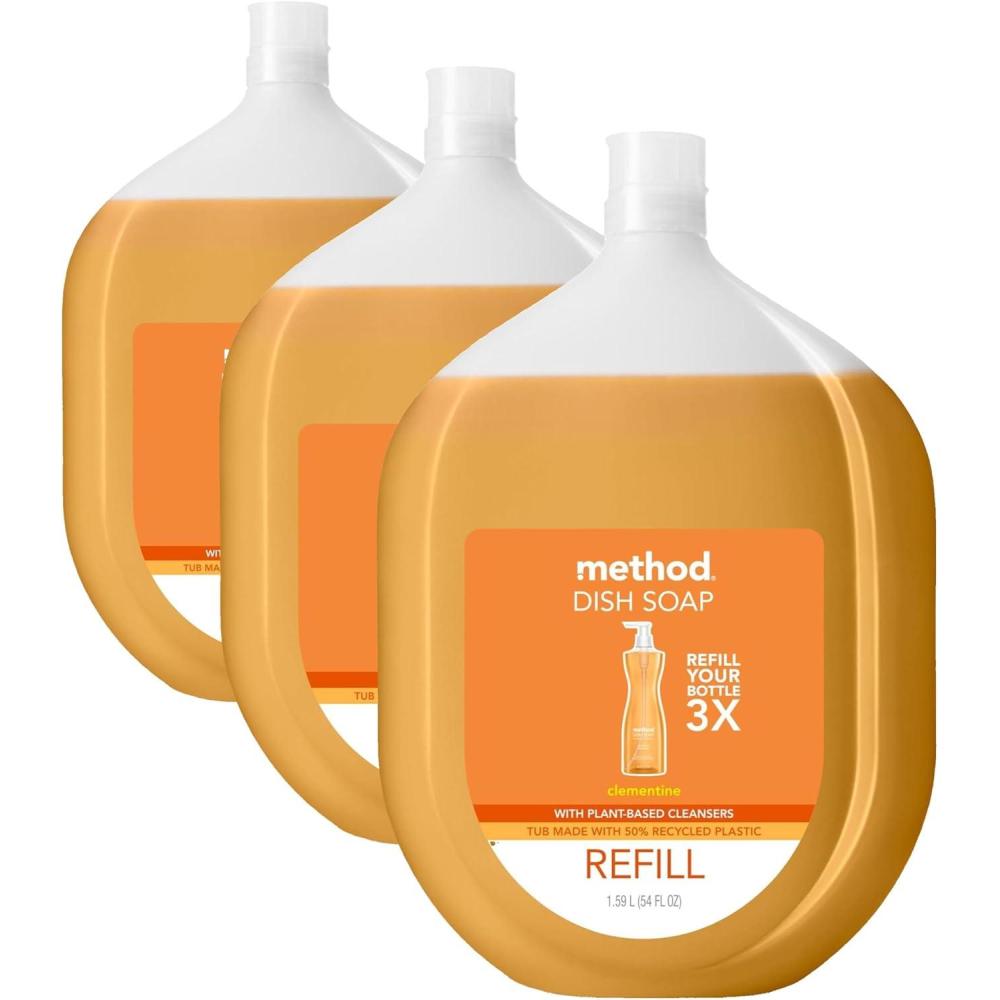 image:imageMethod Gel Dish Soap Refill Clementine Scent Powerful Cleaning Formula Large Refill Tub Cuts Through Grease 54 Fl Oz54 Fl Oz Pack of 3