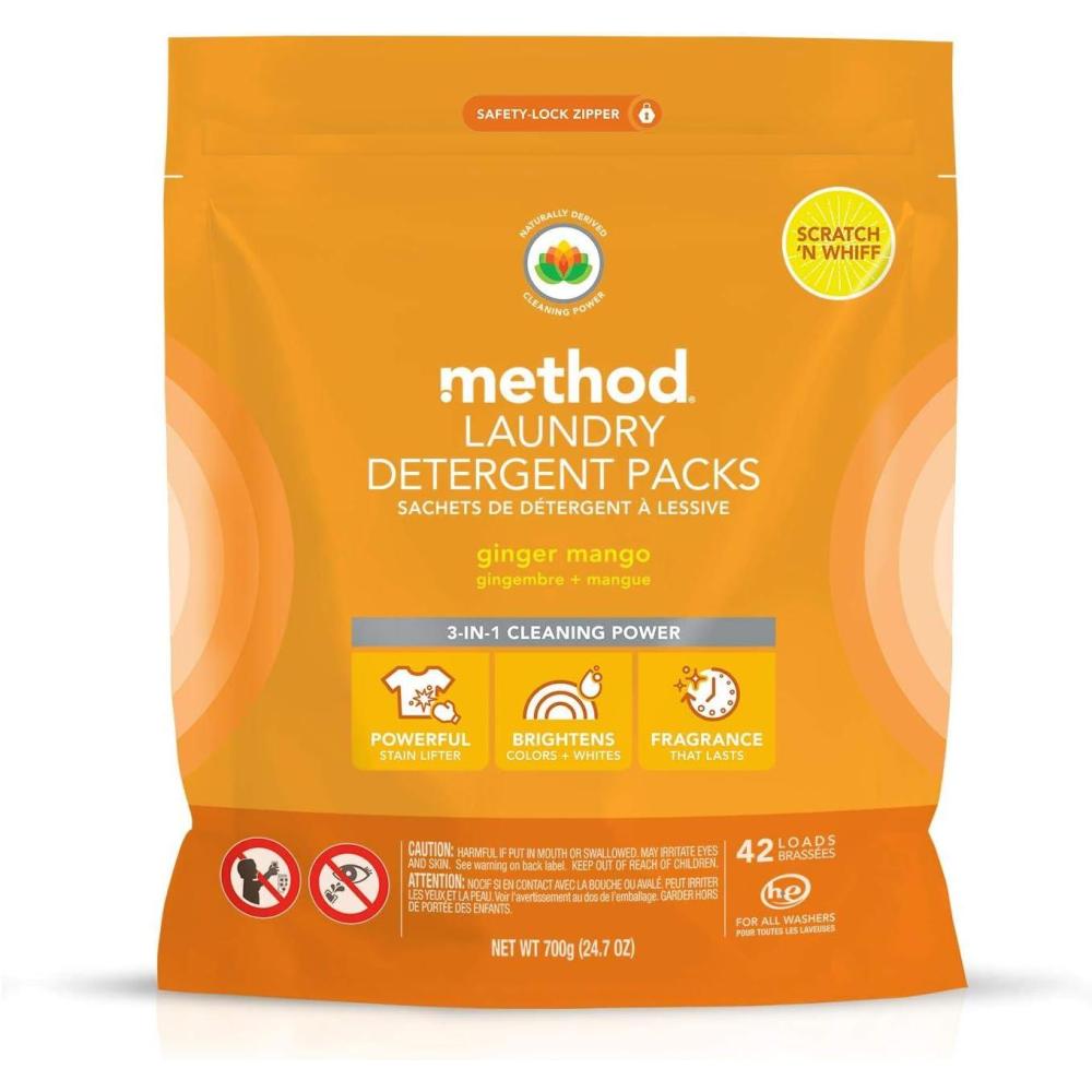 image:imageMethod Laundry Detergent Packs Fragrance Free  Clear Stain Remover that Works in Hot amp Cold Water 42 Packs per Bag 4 Pack 168 Loads Packaging May VaryGinger Mango