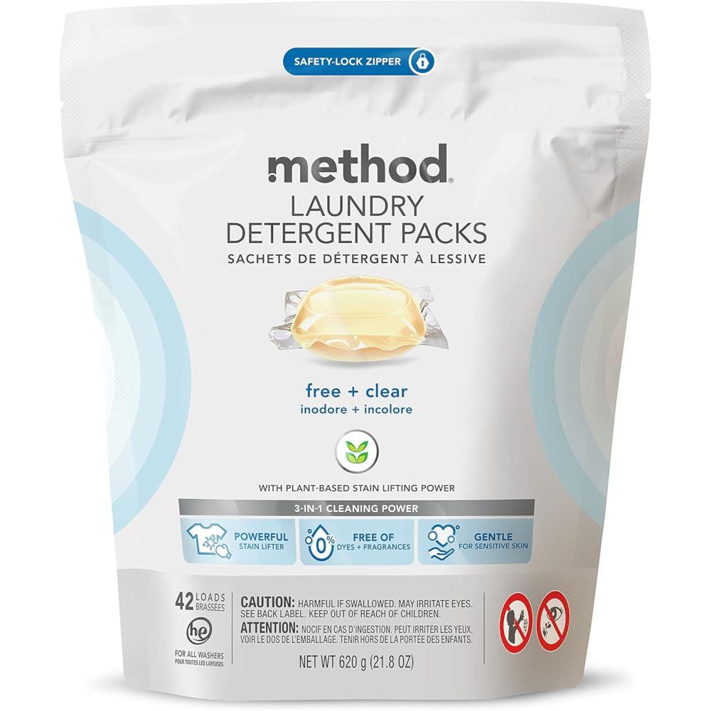 image:imageMethod Laundry Detergent Packs Fragrance Free  Clear Stain Remover that Works in Hot amp Cold Water 42 Packs per Bag 4 Pack 168 Loads Packaging May VaryFree  Clear