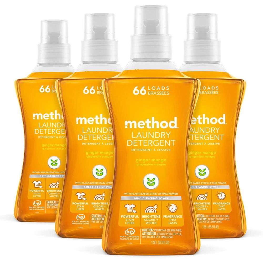 image:imageMethod Liquid Laundry Detergent Ginger Mango Scent Stain Remover 66 Loads per 535 fl oz bottle 4 Pack 264 Total Loads Packaging May Vary