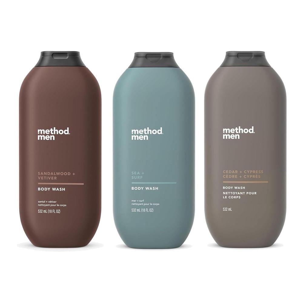 image:imageMethod Men Body Wash Variety Pack  3 Scents  Sandalwood  Vetive Sea  Surf Cedar  Cypress  18 fl oz Each