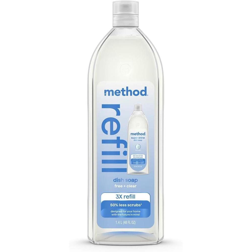 image:imageMethod Super Shine Liquid Dish Soap Refill Powered by Enzymes Dewy Daze Scented 48 fl ozFree Clear