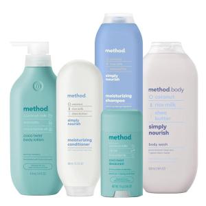 Bundle of Method Simply Nourish Body Wash, 18 oz + Coco Twist Body Lotion, 14 oz + Simply Nourish Shampoo, 14 oz + Simply Nourish Conditioner, 13.5 oz + Coco Twist Deodorant, 2.65 oz