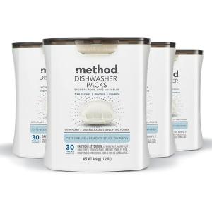 Method Dishwasher Detergent Packs, Fragrance Free + Clear, Dishwashing Rinse Aid to Lift Tough Grease and Stains, 30 Dishwasher Tabs per Package, (Pack of 4)