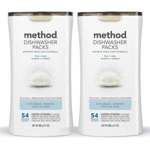 Method Dishwasher Detergent Packs, Fragrance Free + Clear, Dishwashing Rinse Aid to Lift Tough Grease and Stains, 54 Dishwasher Tabs per Package, (Pack of 2)(Unscented)