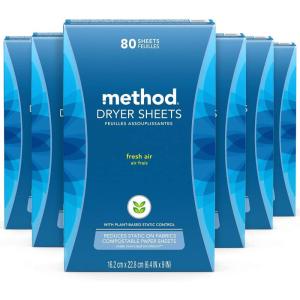 Method Dryer Sheets, Fresh Air, Fabric Softener and Static Reducer, Compostable and Laundry Essentials, 80 Count (Pack of 6)