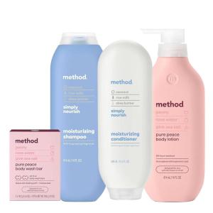 Method Simply Nourish Shampoo, 14 oz + Conditioner, 13.5 oz + Pure Peace Bar Soap (2 bars, 5 oz each) + Body Lotion, 14 oz – Nourishing Hair Care Set for Color Treated Hair