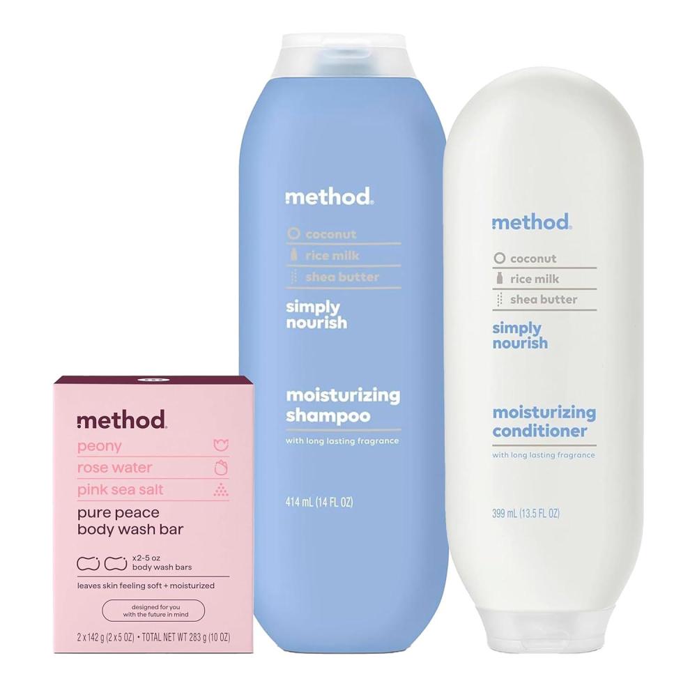 image:imageBundle of Method Simply Nourish Moisturizing Shampoo 14 oz Pack of 1 Method Simply Nourish Moisturizing Conditioner 135 oz Pack of 1 Method Pure Peace Bar Soap 2 bars 5 oz each