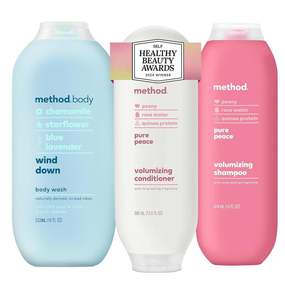 image:imageBundle of Method Wind Down Body Wash 18 oz Pack of 1  Method Pure Peace Volumizing Shampoo 14 oz Pack of 1  Method Pure Peace Volumizing Conditioner 135 oz Pack of 1
