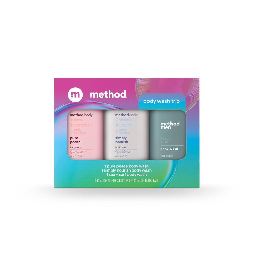 image:imageMethod Body Wash Gift Set Pure Peace Simply Nourish and Sea Surf 34 oz Travel Size Bottles