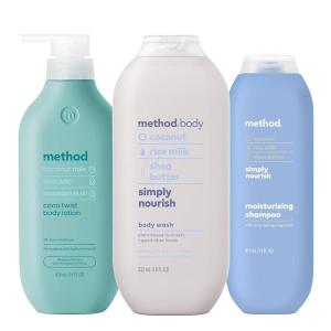 Bundle of Method Simply Nourish Body Wash, 18 oz (Pack of 1) + Method Coco Twist Body Lotion, 14 oz (Pack of 1) + Method Simply Nourish Moisturizing Shampoo, 14 oz (Pack of 1)